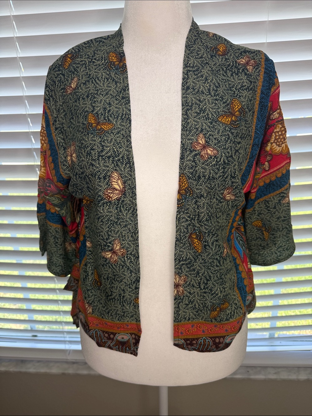 FARM Rio Butterfly Print Open Front Kimono in Olive & Multicolor